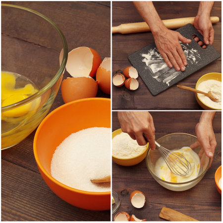 Collage with the preparation of dough for buns and different baking ingredients on a wooden table.の写真素材