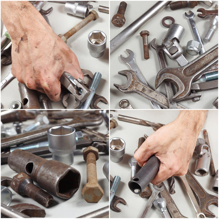 Collage with hand of serviceman, tools and details in the workshop.の写真素材