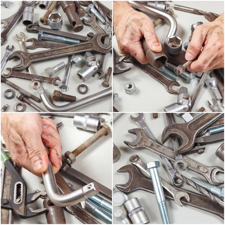 Collage with hand of mechanic with tools and details in the workshop.の写真素材
