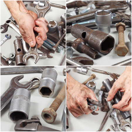 Collage with dirty hand of mechanic with tools and details for repairing machines in the workshop.の写真素材