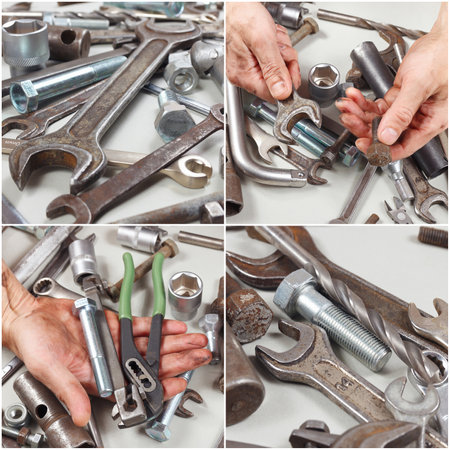 Collage with dirty hand of serviceman with tools and details in the workshop.の写真素材