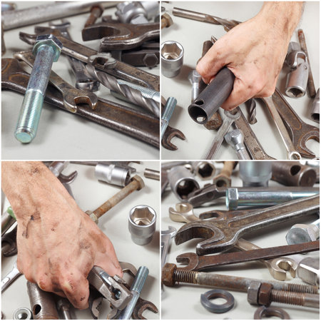 Collage with hand of worker with tools and details for repairing machines in the workshop.の写真素材