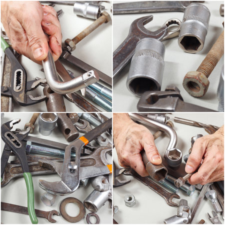 Collage with hand of repairman with tools and details in the workshop.の写真素材