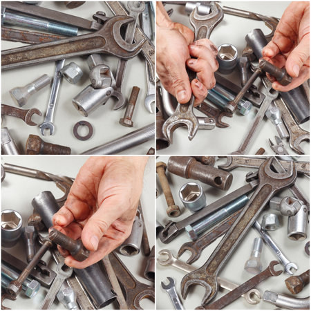 Collage with hand of master with tools and details for repairing machines in the workshop.の写真素材