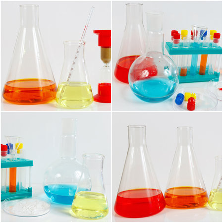 Collage of equipment for medical research on the laboratory table.の写真素材