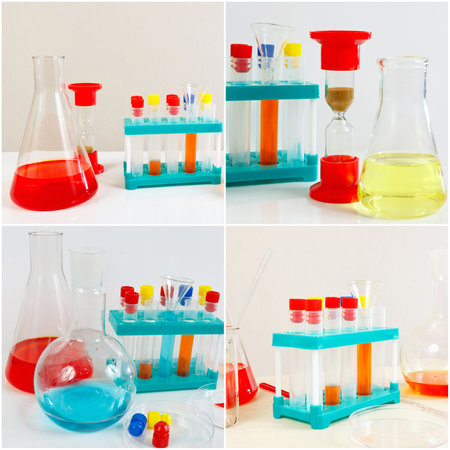 Collage of equipment for medical experiments on the laboratory table.の写真素材