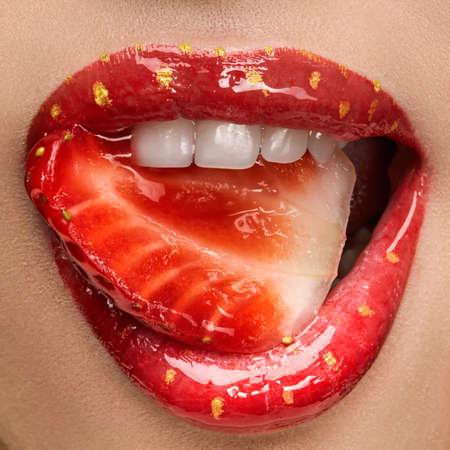 lips close up beauty strawberry skinの写真素材
