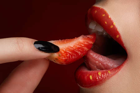 lips close up beauty strawberry skinの写真素材
