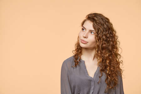 woman biege background copy spaceの写真素材