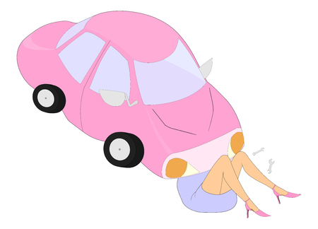 cartoon woman repairing her small cartoon pink  car herselfのイラスト素材