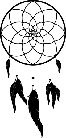 Dreamcatcher with feathers, monochrome black vector illustrationのイラスト素材