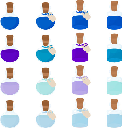 Glass blue bottle with wooden cork for cosmetic or medicine. isolated on whiteのイラスト素材