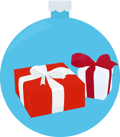 White and Red Gift Box with Red Ribbon and Bow on blue christmas-tree ball Backgroundのイラスト素材