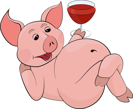 funny pink lying and drinking red juice or wine in a glass gobletのイラスト素材