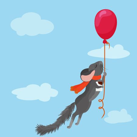 gray chinchilla with chocolate in a red scarf flies on a red balloon on blue skyのイラスト素材