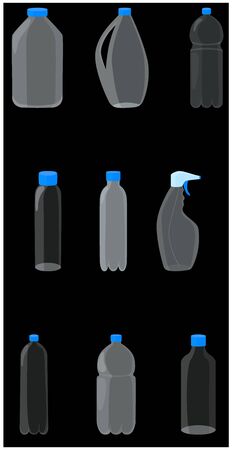 Transparent white plastic bottles on a black background. set of empty plastic bottles with blue capsのイラスト素材
