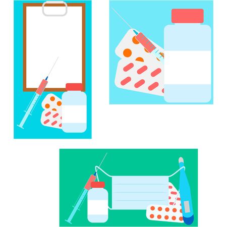 set of medical backgrounds with pills and syringeのイラスト素材