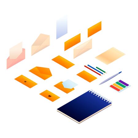 set of supplies for writing. stationery isometric style vector illustration. envelopes and pencils isolated on white.のイラスト素材