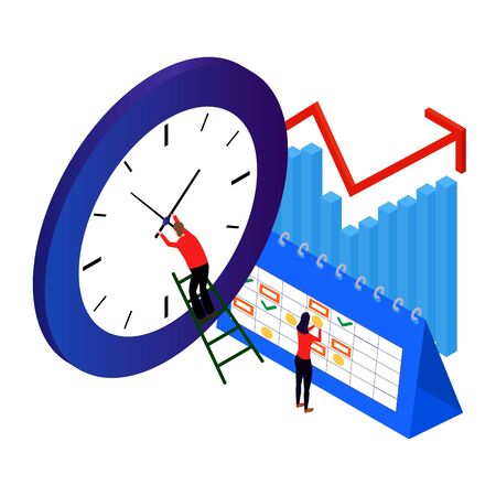 isometric time management concept. the man in red corrects the time of the blue clock. vector illustration isolated on whiteのイラスト素材