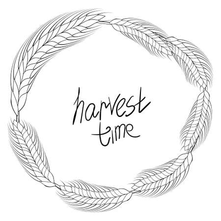 monochrome line art wreath of wheat. frame with copy space isolated on white. hand drawn concept of cereal harvestのイラスト素材