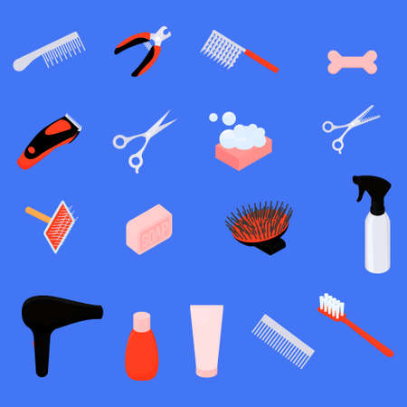 Grooming tools isolated on blue. Equipment for dog grooming. Set of vector cartoon objects for hygiene and hair cutting.のイラスト素材