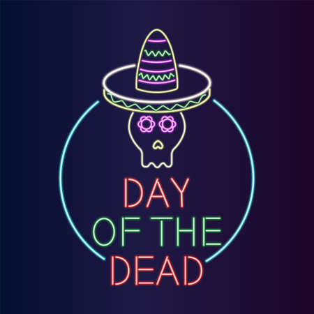 Day of the Dead Neon Banner Design. Vector colorful Illustration of Mexican Holiday night party.のイラスト素材