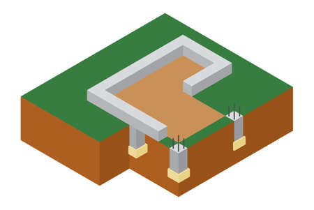 Isometric foundation cutaway vector illustration. Construction of building. Architectural technologyのイラスト素材