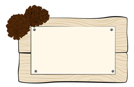 Wooden board and pine cones with copy space for design greeting cards. Vector christmas decoration frame for text. Black outline color illustration isolated on whiteのイラスト素材