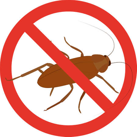 Stop cockroach cartoon icon with red circle. No insects symbol. Vector anti bugs sign illustration...