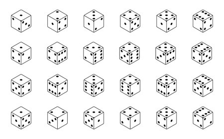 Set of isometric dice combination. Poker gambling cubes for casino isolated black and white vector illustration.のイラスト素材