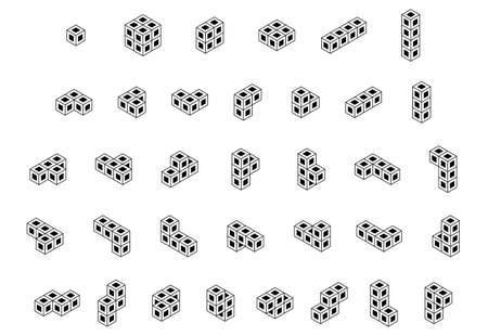 Set of black outline tetris game blocks isolated on white. Monochrome isometric vector illustration, 3d puzzleのイラスト素材