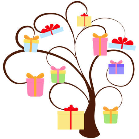 Holiday flat design tree with colorful gift boxes isolated on white. Big sale discount concept vector illustration.のイラスト素材