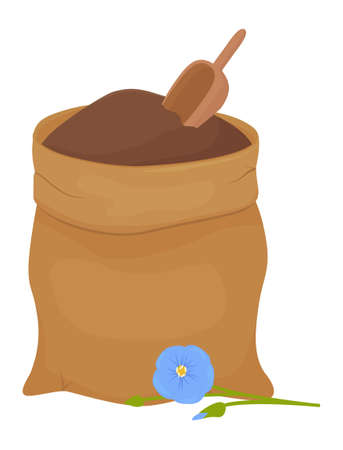 Flax flour in brown fabric bag isolated on white background. Healthy eating natural ingredient. Cartoon vector illustration.のイラスト素材