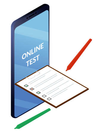 Online surveys or exam form. Checklist from smartphone screen and pencils. Isolated vector isometric illustration.のイラスト素材