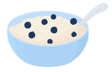 Oatmeal with blueberry vector illustration isolated on white background. Breakfast bowl, cup of oat grain porridge. Food icon. Cartoon muesli, flakes for healthy sweet nutrition.のイラスト素材