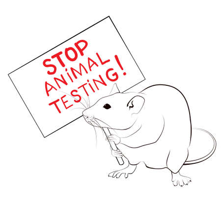 Rat protesting and holding banner against animal tests. Line art stop cruelty concept.Vector illustration.のイラスト素材