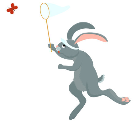 Gray hare or rabbit cheerfully runs and jumps holding a butterfly net. Vector cartoon animal illustration isolated on white background.のイラスト素材