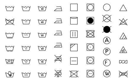 Clothes care icon set. Laundry symbols, black monochrome vector illustration isolated on white.のイラスト素材