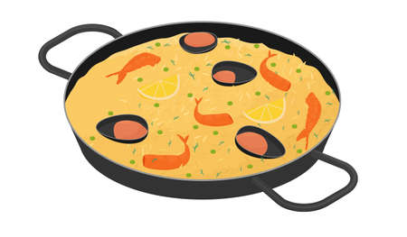 Paella with shrimps, oysters and lemon. Traditional spanish food. Vector illustration isolated on white.のイラスト素材