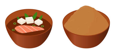 Japanese miso soup and paste in brown bowls isometric cartoon vector illustration isolated on white.のイラスト素材