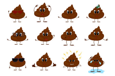 Cartoon poo character, set of emotions icon. Mascot pile of shit vector illustration isolated on whiteのイラスト素材