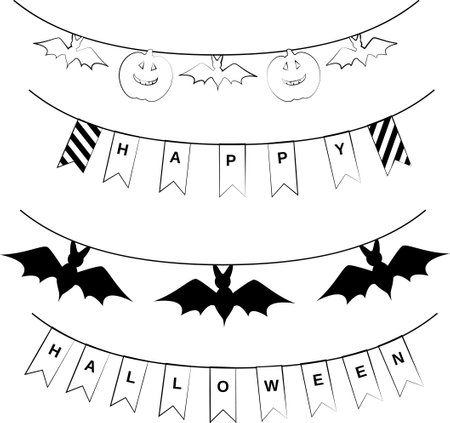 Halloween garland isolated on white. Festive decoration for walls and windows. Vector monochrome illustration.のイラスト素材