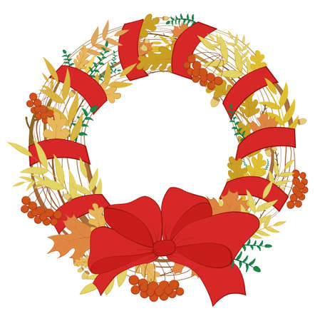 Frame of wreath of leaves, acorn and rowan isolated on white. Colored hand drawn vector round frame. Template for autumn card.のイラスト素材
