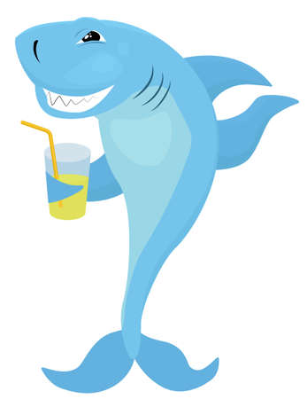 Smiling shark with glass of lemonade isolated on white. Vector cartoon mascot character illustration.のイラスト素材
