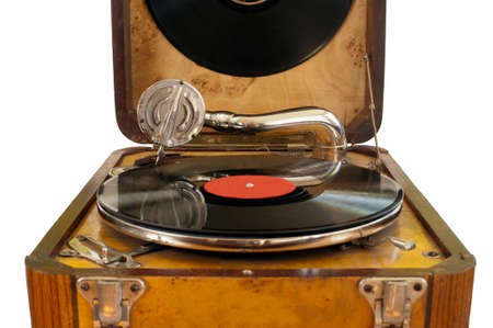 Close up view of retro gramophone with needle and black vinyl record