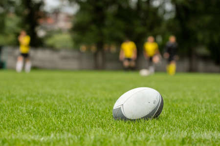 Rugby ball at green grass  Photo taken at rugby training の写真素材