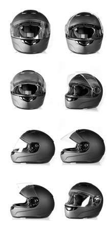 Set of black, flip-up visor motorbike helmet  Side, front and angle view 