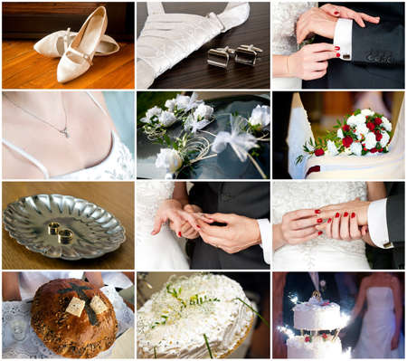 Set of wedding and bridal details  wedding preparations, cake, nail and cuff links, rings の写真素材