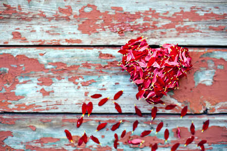 red heart made of flowers petals against old cracked planks - blurred background