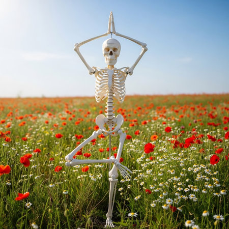 Skeleton in poppy field with daisies. Halloween concept.の素材